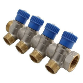 Colector niquelado 3/4'' macho-fêmea com 4 saídas com válvula, manípulo azul