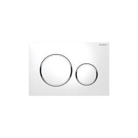 Placa de comando Sigma20 redonda, dupla descarga, lacado branco mate, easy-to-clean e anéis cromados, Geberit 115.882.JT.1