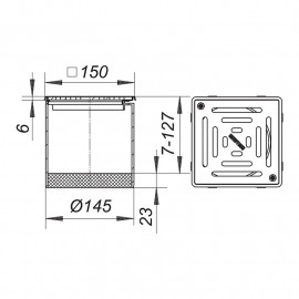 Conjunto grelha 15 x 15 cm VES15, grelha 5 mm e aro de inox, aparafusada, carga 1,5 ton, ajustável lateralmente, Dallmer 500168