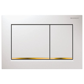 Placa de comando Omega20 quadrada, dupla descarga, branco e faixa dourada, Geberit 115.080.KK.1