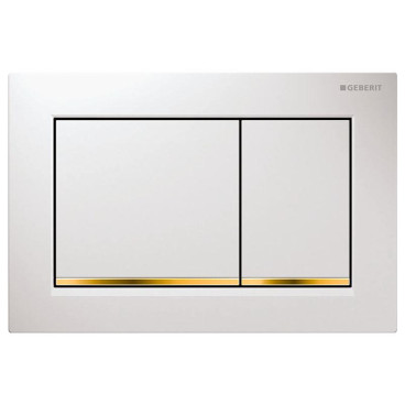 Placa de comando Omega20 quadrada, dupla descarga, branco e faixa dourada, Geberit 115.080.KK.1