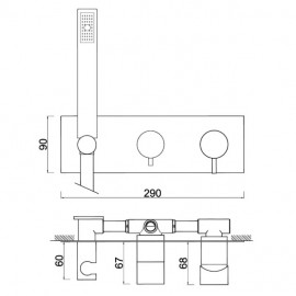 Torneira monocomando de duche de encastrar com 2 saídas e chuveiro Dart W7, WDART006/4