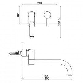 Torneira monocomando de cozinha à parede bica baixa horizontal Dart W7, WDART005/7.1