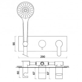 Torneira monocomando de duche de encastrar com 2 saídas com distribuidor e chuveiro Mitzi W7, WMITZI007/1GO