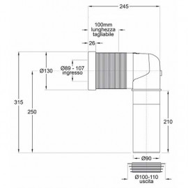 Curva de sanita direita com fixação, ajustável em 10 cm