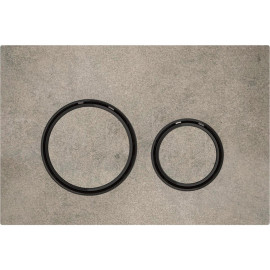 Placa de comando Sigma50 redonda, dupla descarga, aspeto betão e anéis cor de metal cromado preto, Geberit 115.651.JV.1