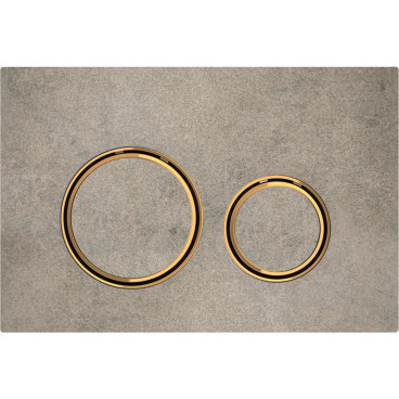 Placa de comando Sigma50 redonda, dupla descarga, aspeto betão e anéis cor de metal latão, Geberit 115.652.JV.1