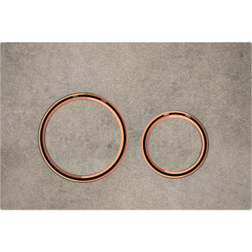 Placa de comando Sigma50 redonda, dupla descarga, aspeto betão e anéis cor de metal ouro rosa, Geberit 115.650.JV.1