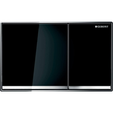 Placa de comando Omega60 quadrada, dupla descarga, alinhada à face, preto espelhado e faixa cromado brilhante, Geberit 115.081.