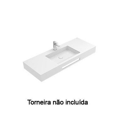 Lavatório EVEN 120, 1 cuba centrada, Solid Surface, com furo para torneira, sem furo de nível, com toalheiro, branco, Sanitana