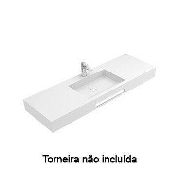 Lavatório EVEN 140, 1 cuba centrada, Solid Surface, com furo para torneira, sem furo de nível, com toalheiro, branco, Sanitana