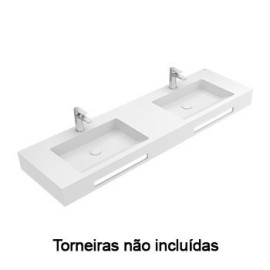 Lavatório EVEN 160, 2 cubas, Solid Surface, com furo para torneira, sem furo de nível, com toalheiro, branco, Sanitana S202090