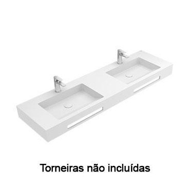 Lavatório EVEN 160, 2 cubas, Solid Surface, com furo para torneira, sem furo de nível, com toalheiro, branco, Sanitana S202090