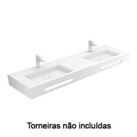 Lavatório VELVET 160, 2 cubas, Solid Surface, mural, com furo para torneira, sem furo de nível, com toalheiro, branco, Sanitan