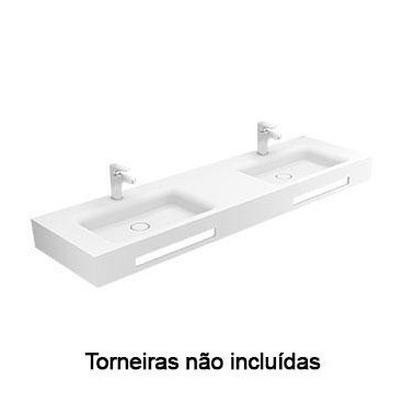 Lavatório VELVET 160, 2 cubas, Solid Surface, mural, com furo para torneira, sem furo de nível, com toalheiro, branco, Sanitan