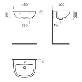 Lavatório CENT 45 mural (450x400x200) com furo para torneira, com furo de nível, branco, Sanitana S10208817200000