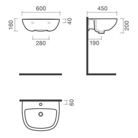 Lavatório CENT 60 mural (600x450x200), com furo para torneira, com furo de nível, branco, Sanitana S10208917200000
