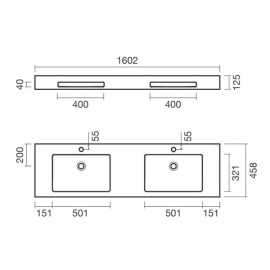 Lavatório EVEN 160, 2 cubas, Solid Surface, com furo para torneira, sem furo de nível, com toalheiro, branco, Sanitana S202090