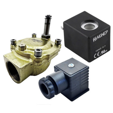 Eletroválvula 2/2 1''1/2 de latão, acionamento indireto e normalmente fechada com juntas NBR, 12V DC, Aignep