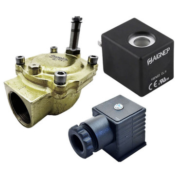 Eletroválvula 2/2 1''1/2 de latão, acionamento indireto e normalmente fechada com juntas NBR, 24V DC, Aignep