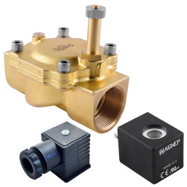 Eletroválvula 2/2 1''1/4 de latão, acionamento indireto e normalmente aberta com juntas NBR, 24V DC, Aignep