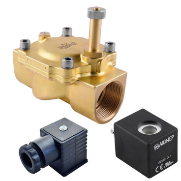 Eletroválvula 2/2 1''1/4 de latão, acionamento indireto e normalmente aberta com juntas NBR, 220V AC, Aignep