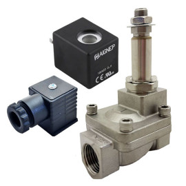 Eletroválvula 2/2 1/2'' de inox, acionamento indireto e normalmente fechada com juntas FKM, 12V DC, Aignep