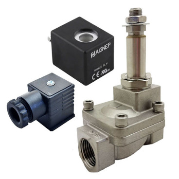 Eletroválvula 2/2 1/2'' de inox, acionamento indireto e normalmente fechada com juntas FKM, 12V DC, Aignep