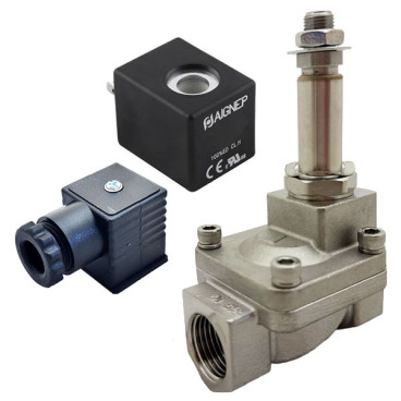 Eletroválvula 1/2'' de inox, acionamento indireto e normalmente fechada com juntas FKM, 24V DC, Aignep