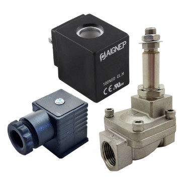 Eletroválvula 2/2 1/2'' de inox, acionamento indireto e normalmente fechada com juntas FKM, 24V AC, Aignep