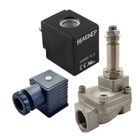 Eletroválvula 2/2 1/2'' de inox, acionamento indireto e normalmente fechada com juntas FKM, 220V AC, Aignep