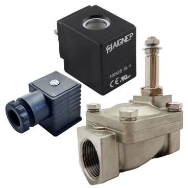 Eletroválvula 2/2 1''1/2 de inox, acionamento indireto e normalmente fechada com juntas FKM, 220V AC, Aignep