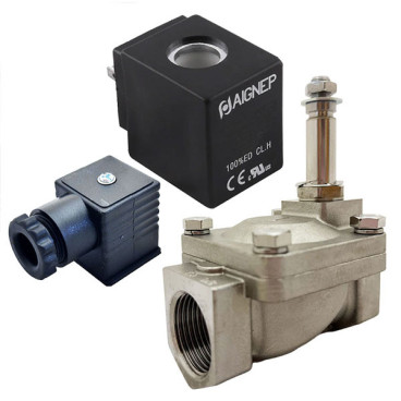 Eletroválvula 2/2 1'' de inox, acionamento indireto e normalmente fechada com juntas FKM, 24V DC, Aignep